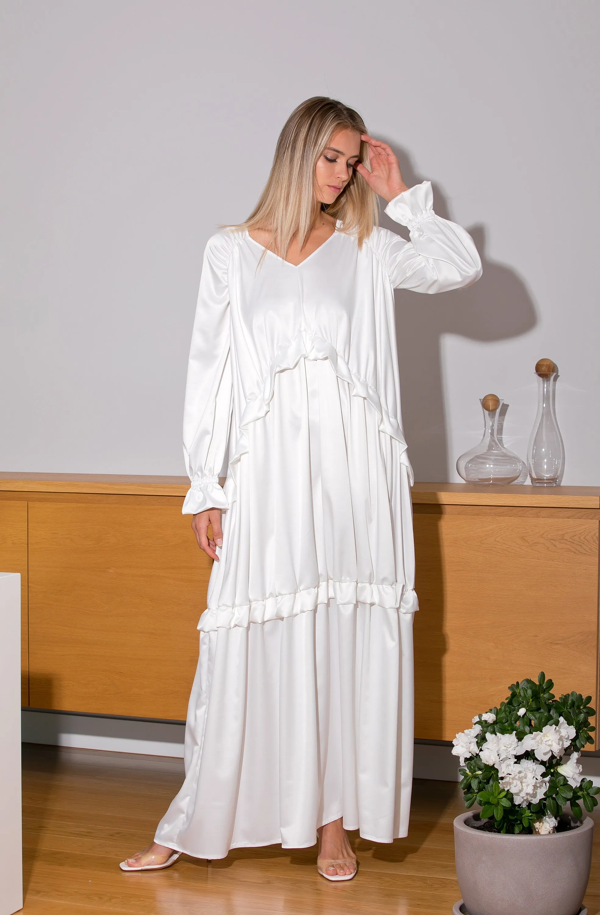 Satin Maxi Dress, White Satin Dress, Simple Wedding Dress, Kaftan Dress, Boho Wedding Dress, Plus Size Dress, Long Sleeve Dress, Loose