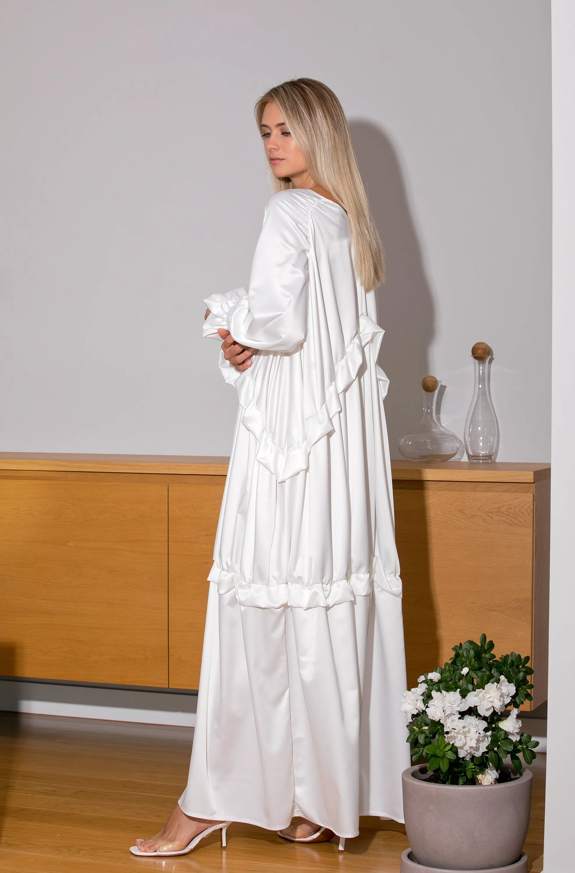 Satin Maxi Dress, White Satin Dress, Simple Wedding Dress, Kaftan Dress, Boho Wedding Dress, Plus Size Dress, Long Sleeve Dress, Loose