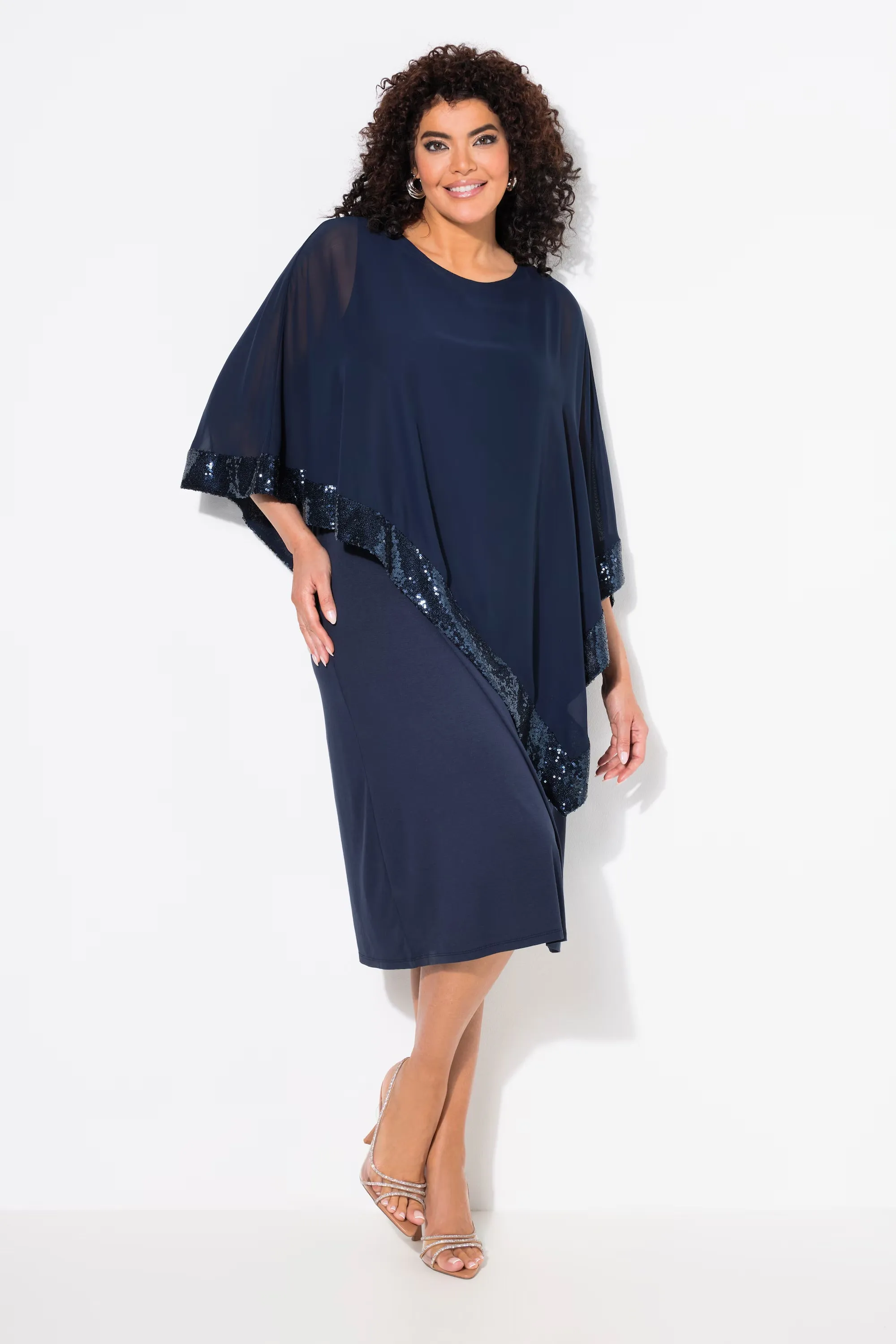 Ulla Popken Chiffon Cape Dress in Navy