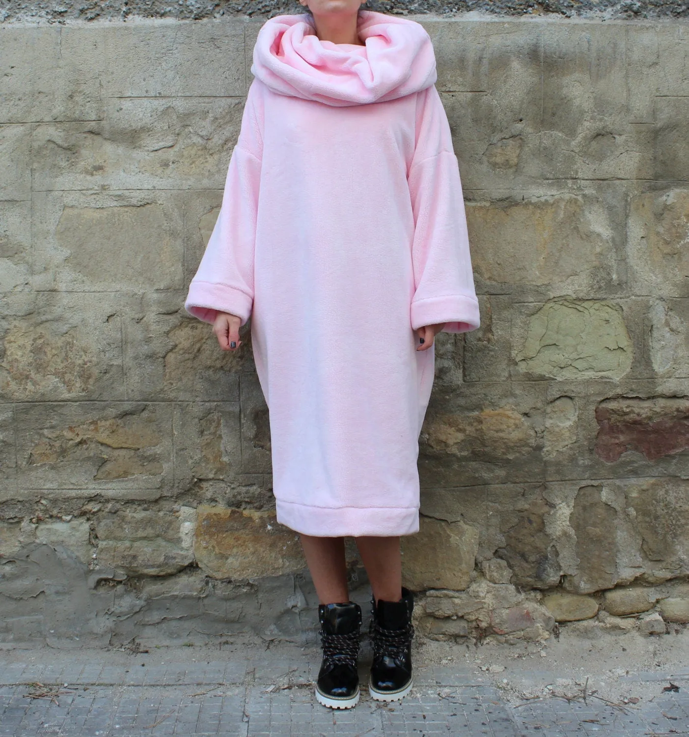 Warm Winter Dress with Cowl Neck, Cozy Dress in Pink, Long Sleeve Jumper Dress, Faux Fur Sweater Dress, Soft Dress for Woman