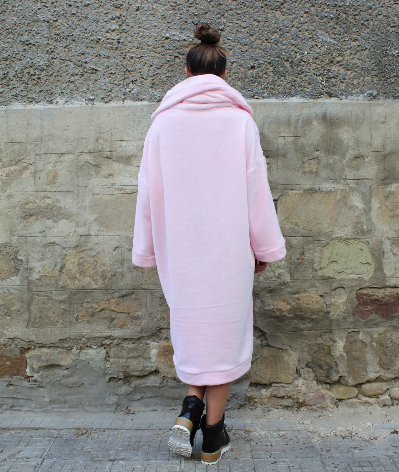 Warm Winter Dress with Cowl Neck, Cozy Dress in Pink, Long Sleeve Jumper Dress, Faux Fur Sweater Dress, Soft Dress for Woman