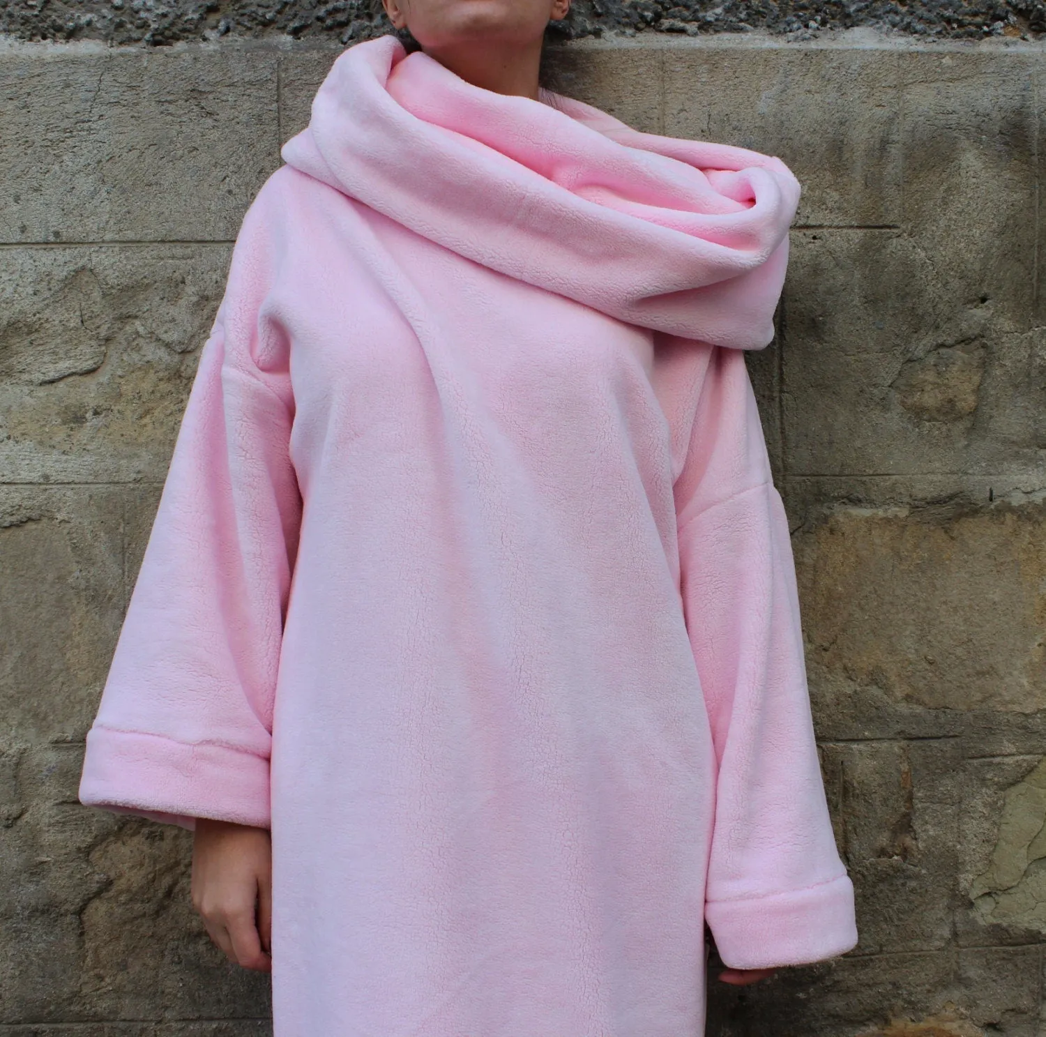 Warm Winter Dress with Cowl Neck, Cozy Dress in Pink, Long Sleeve Jumper Dress, Faux Fur Sweater Dress, Soft Dress for Woman