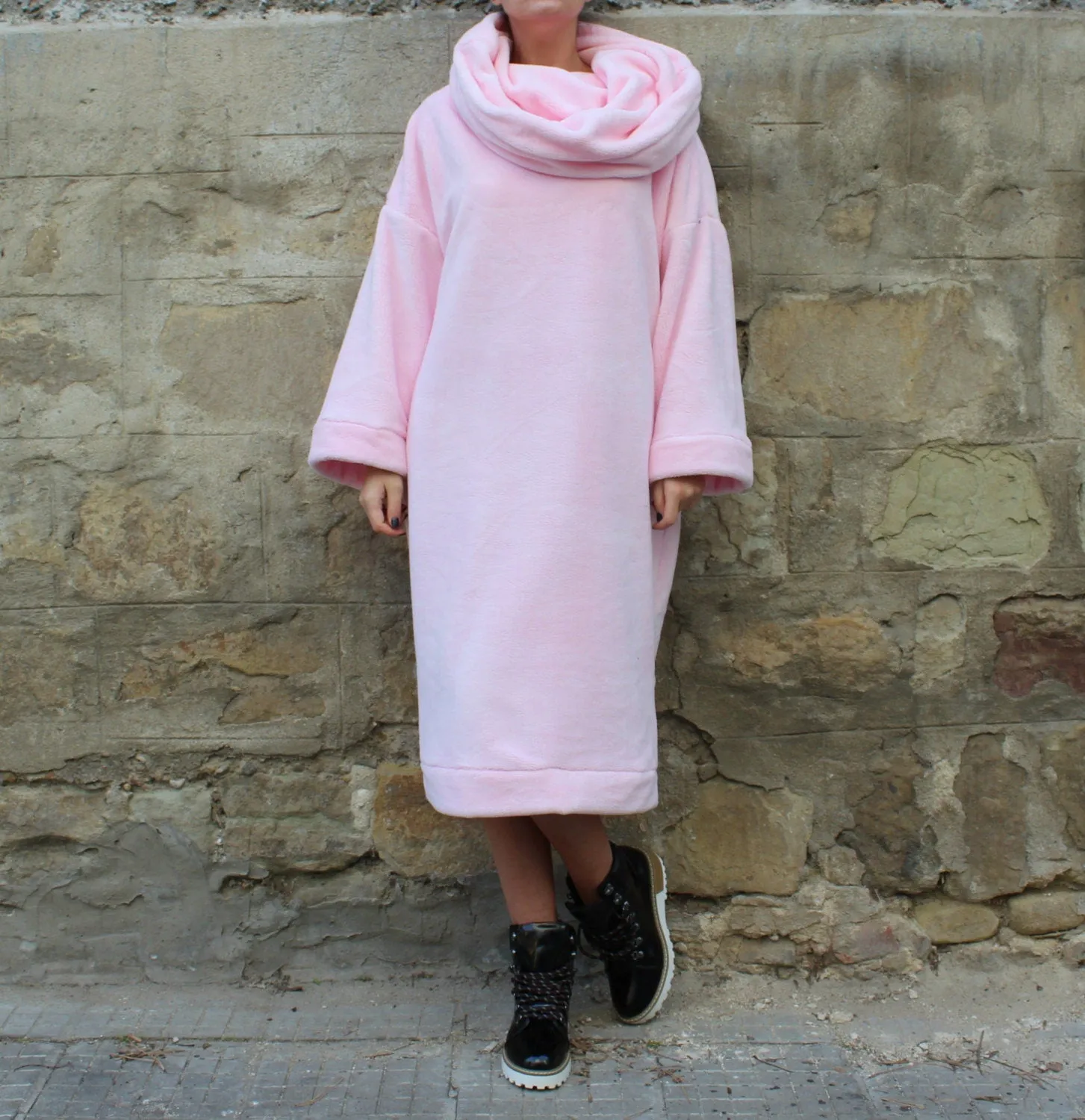 Warm Winter Dress with Cowl Neck, Cozy Dress in Pink, Long Sleeve Jumper Dress, Faux Fur Sweater Dress, Soft Dress for Woman