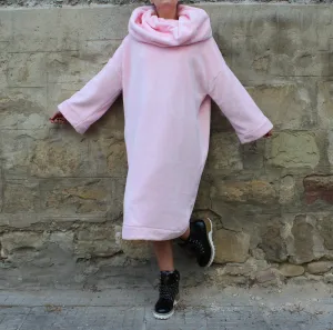 Warm Winter Dress with Cowl Neck, Cozy Dress in Pink, Long Sleeve Jumper Dress, Faux Fur Sweater Dress, Soft Dress for Woman
