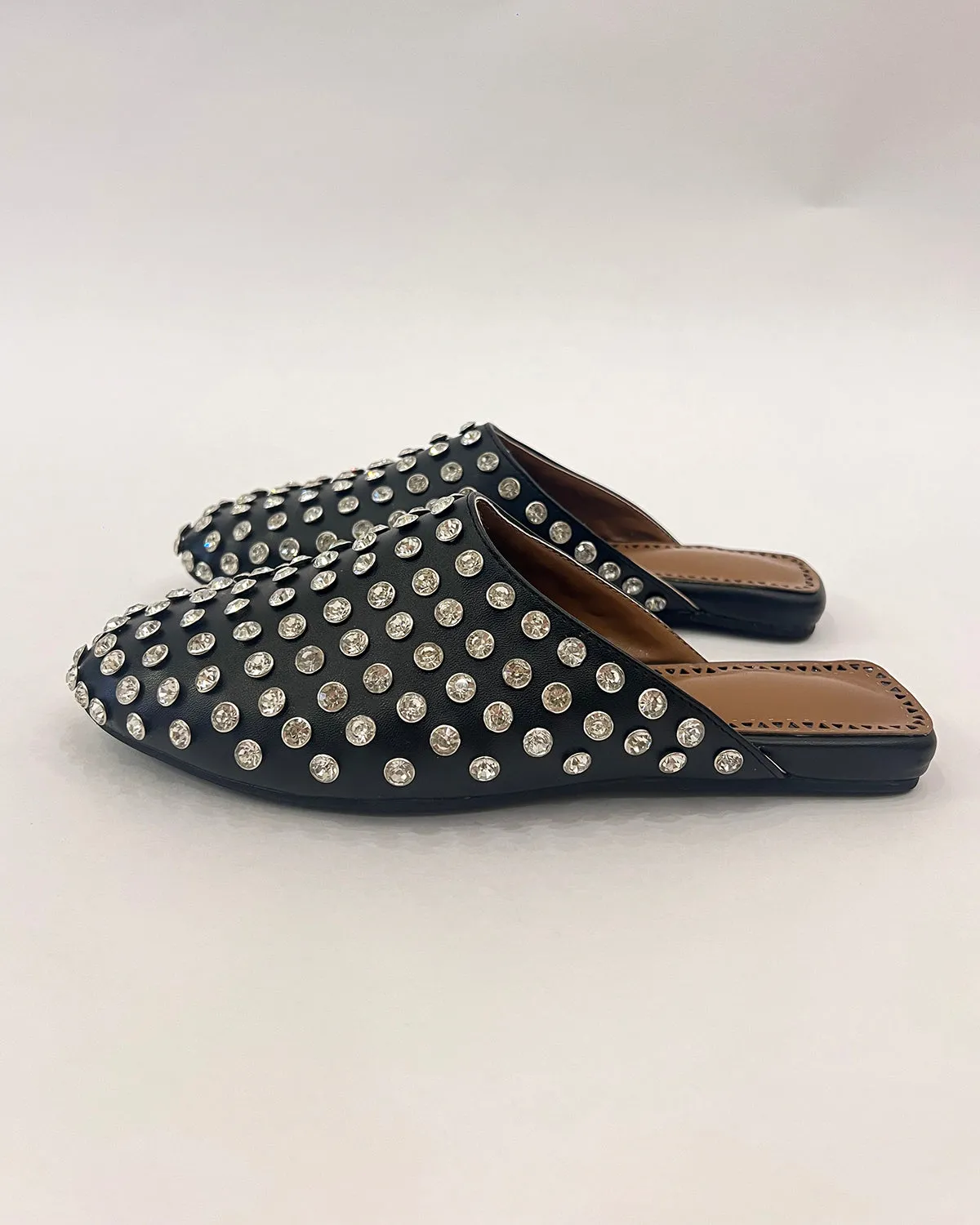 Women flat matte leather rhinestone mule shoes slippers