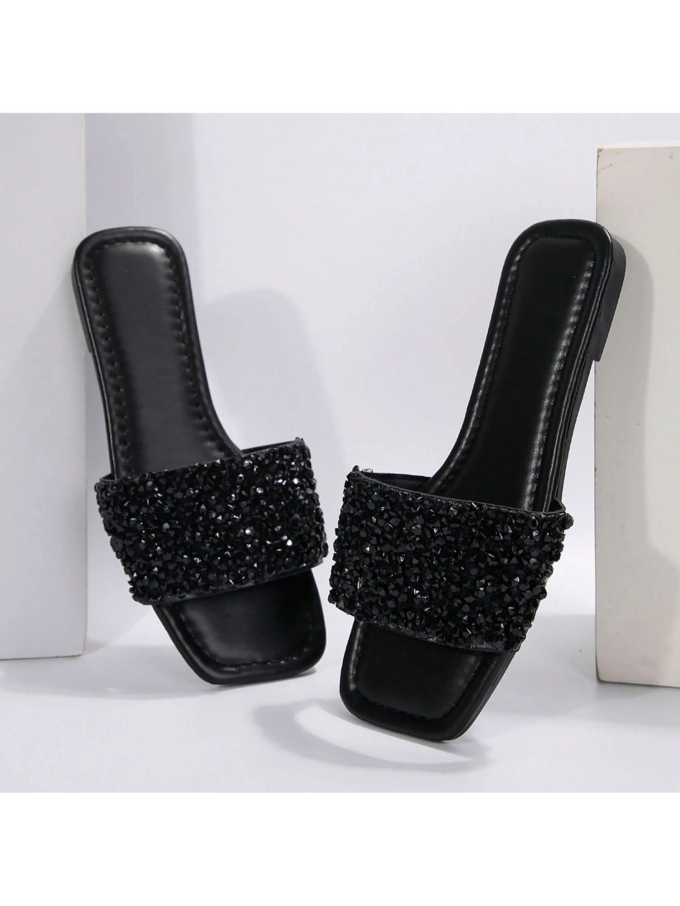 Women's Summer Beach Slippers, Rhinestones, Casual Fashion Slippers, Square Open Toe Flat Sandals, Indoor And Outdoor Valentines