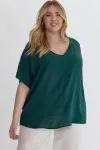 Zoey Solid V-Neck Top with Rounded Hem || Deep Green